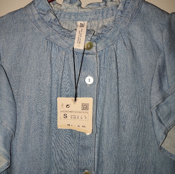 NWT Zara Women’s Denim Ruffles Blue Button Down Shirt - Picture 6 of 14